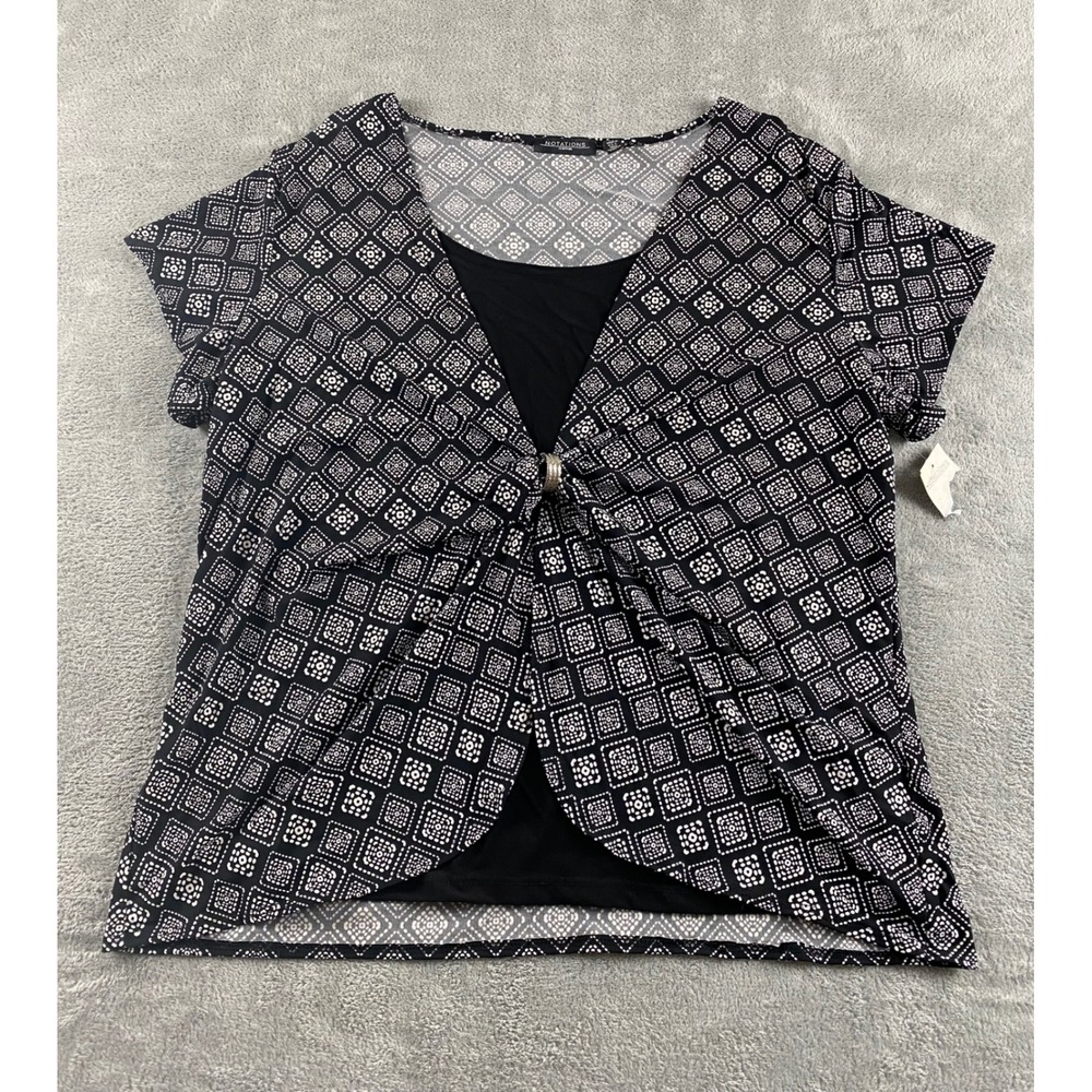 Notations Woman 1X Blouse Black White Geometric‎ 2-In-1 Layered Ring Top NEW